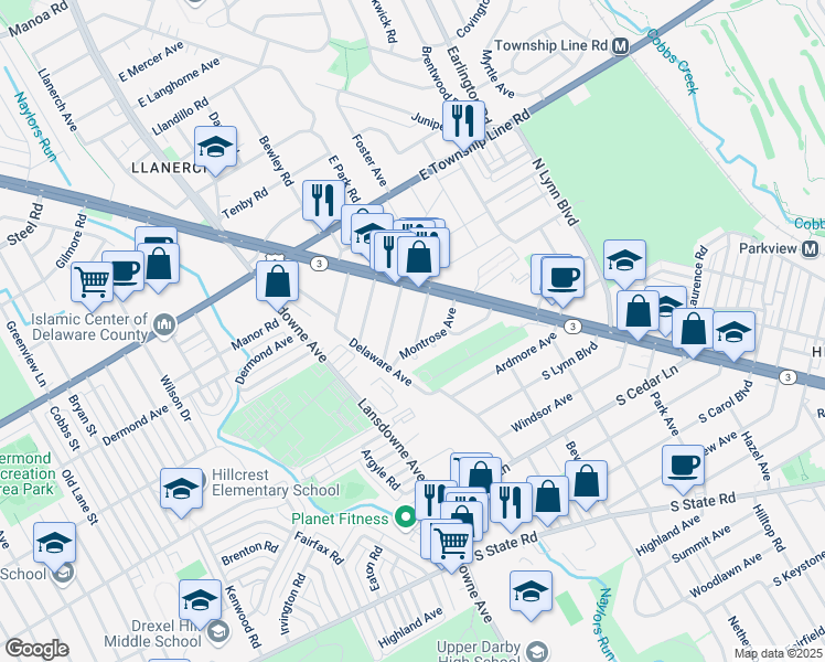 map of restaurants, bars, coffee shops, grocery stores, and more near 35 South Linden Avenue in Delaware County