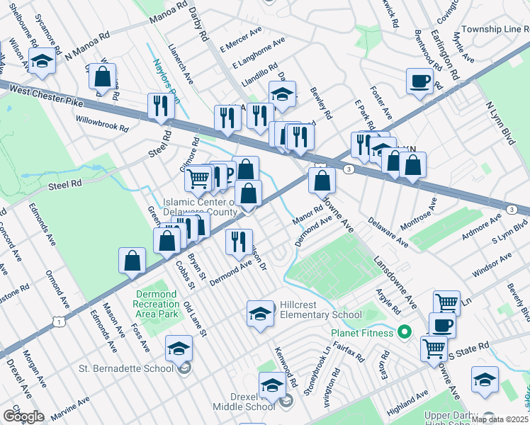 map of restaurants, bars, coffee shops, grocery stores, and more near 2413 David Drive in Havertown