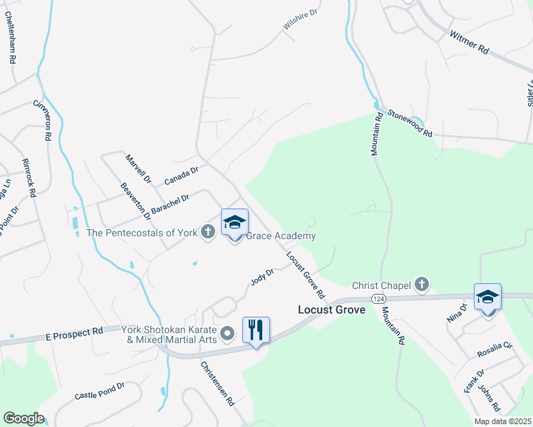 map of restaurants, bars, coffee shops, grocery stores, and more near 961 Locust Grove Road in York