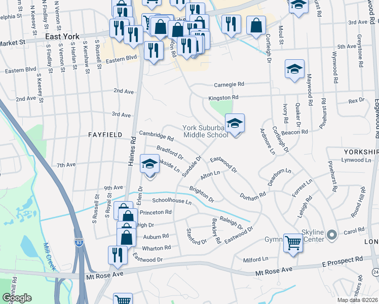 map of restaurants, bars, coffee shops, grocery stores, and more near 2476 Cambridge Road in East York