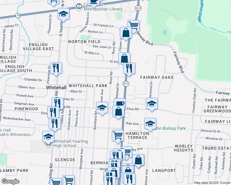 map of restaurants, bars, coffee shops, grocery stores, and more near 465 South Hamilton Road in Columbus