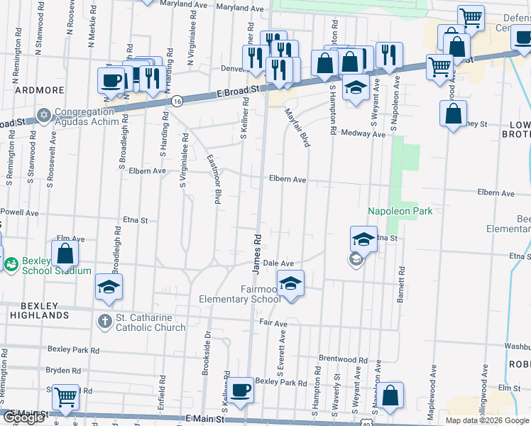 map of restaurants, bars, coffee shops, grocery stores, and more near 264 South James Road in Columbus