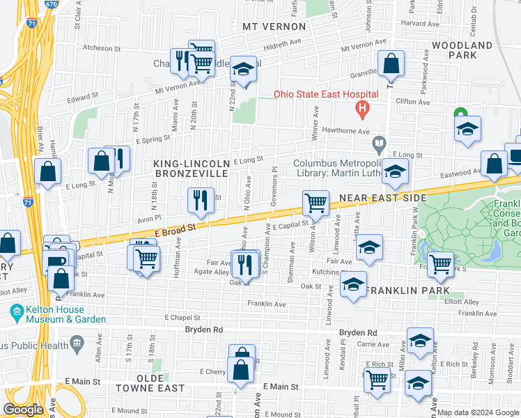 map of restaurants, bars, coffee shops, grocery stores, and more near 1170 East Broad Street in Columbus