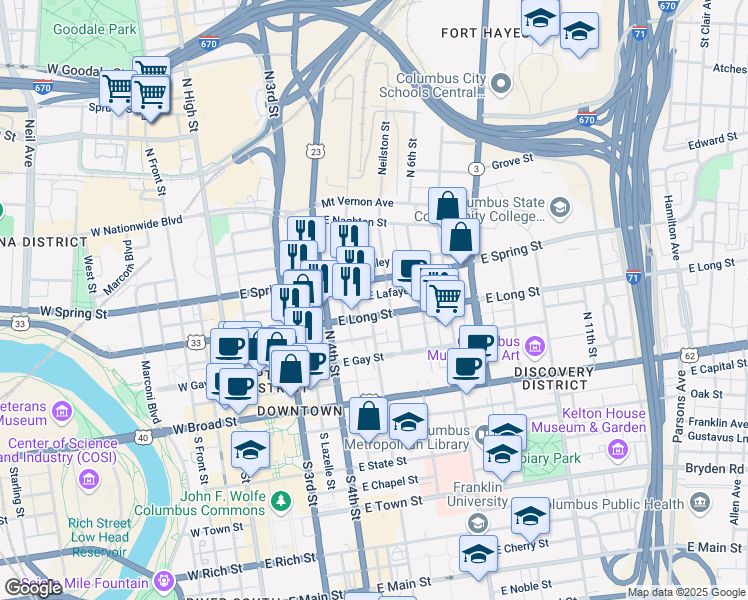 map of restaurants, bars, coffee shops, grocery stores, and more near 230 East Long Street in Columbus