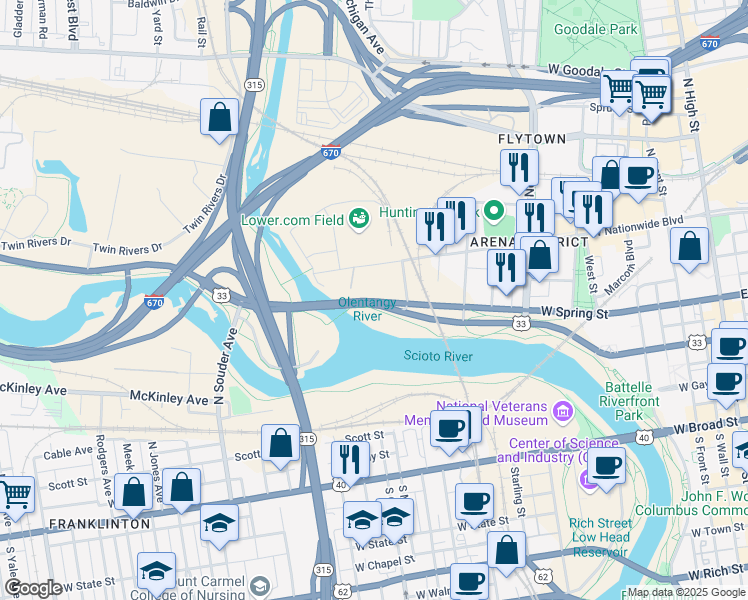 map of restaurants, bars, coffee shops, grocery stores, and more near 530 West Spring Street in Columbus
