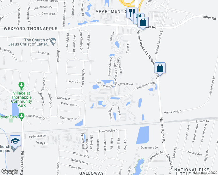 map of restaurants, bars, coffee shops, grocery stores, and more near 5417 Cedar Springs in Columbus