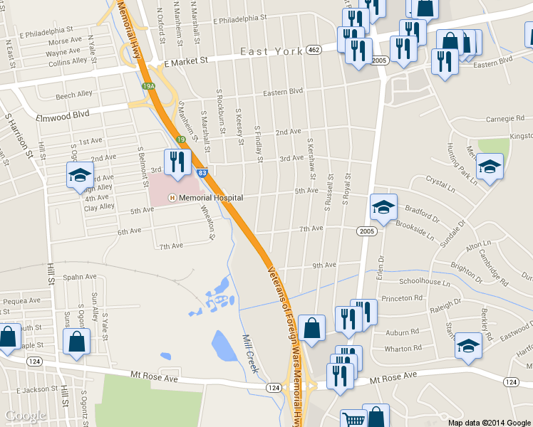 map of restaurants, bars, coffee shops, grocery stores, and more near 540 South Vernon Street in York