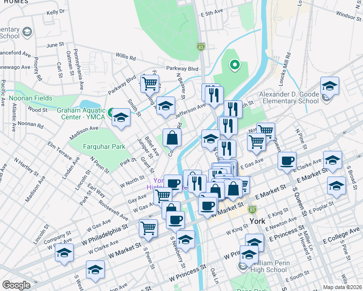 map of restaurants, bars, coffee shops, grocery stores, and more near 343 Cottage Hill Road in York