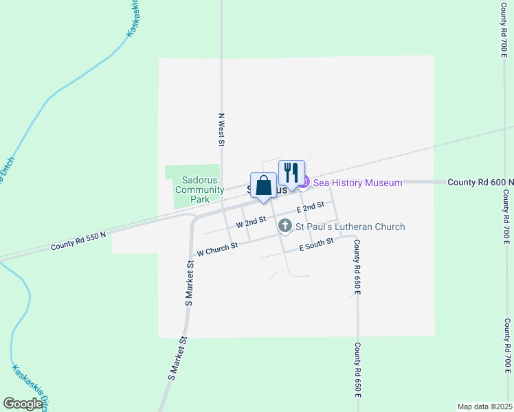 map of restaurants, bars, coffee shops, grocery stores, and more near 100 West Market Street in Sadorus