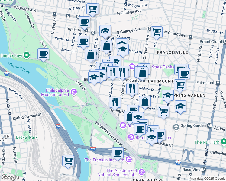 map of restaurants, bars, coffee shops, grocery stores, and more near 2236 Mount Vernon Street in Philadelphia