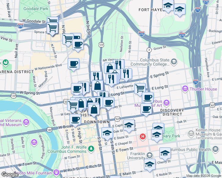 map of restaurants, bars, coffee shops, grocery stores, and more near 152 North 4th Street in Columbus