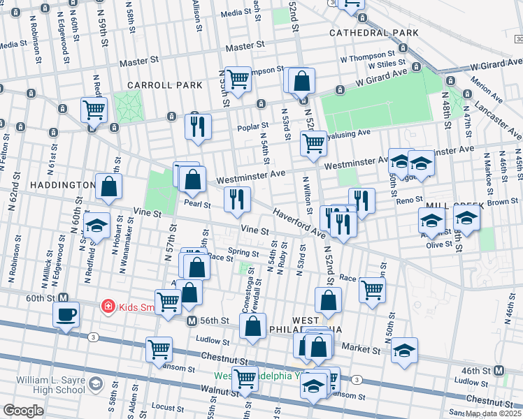map of restaurants, bars, coffee shops, grocery stores, and more near 5420 Haverford Avenue in Philadelphia
