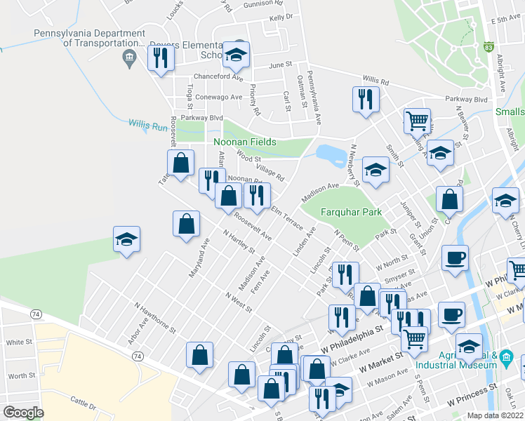 map of restaurants, bars, coffee shops, grocery stores, and more near 453 Pennsylvania Avenue in York