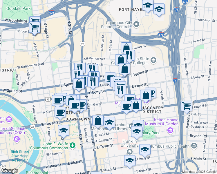 map of restaurants, bars, coffee shops, grocery stores, and more near 288 East Long Street in Columbus
