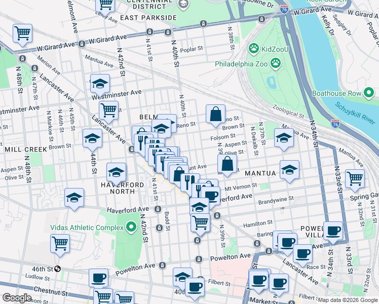 map of restaurants, bars, coffee shops, grocery stores, and more near North 40th Street in Philadelphia