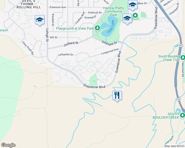map of restaurants, bars, coffee shops, grocery stores, and more near 3426 Cripple Creek Square in Boulder