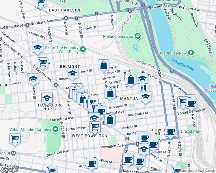 map of restaurants, bars, coffee shops, grocery stores, and more near 725 North 39th Street in Philadelphia