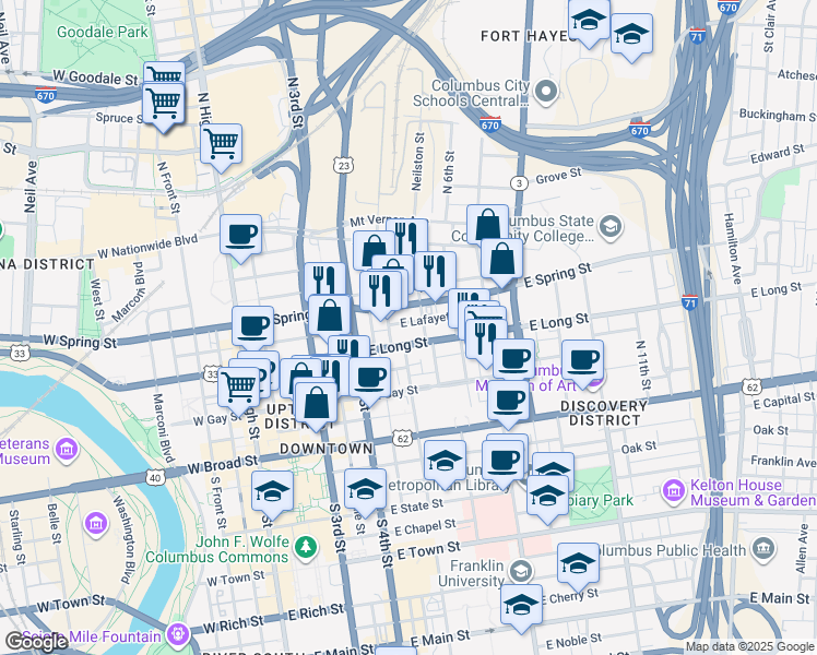 map of restaurants, bars, coffee shops, grocery stores, and more near 230 East Long Street in Columbus