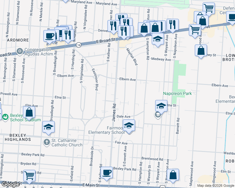 map of restaurants, bars, coffee shops, grocery stores, and more near 264 South James Road in Columbus