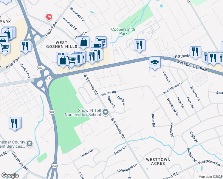 map of restaurants, bars, coffee shops, grocery stores, and more near 1113 Warren Road in West Chester