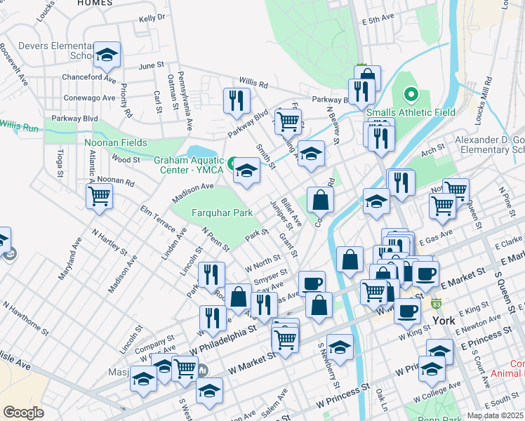 map of restaurants, bars, coffee shops, grocery stores, and more near 433 North Newberry Street in York