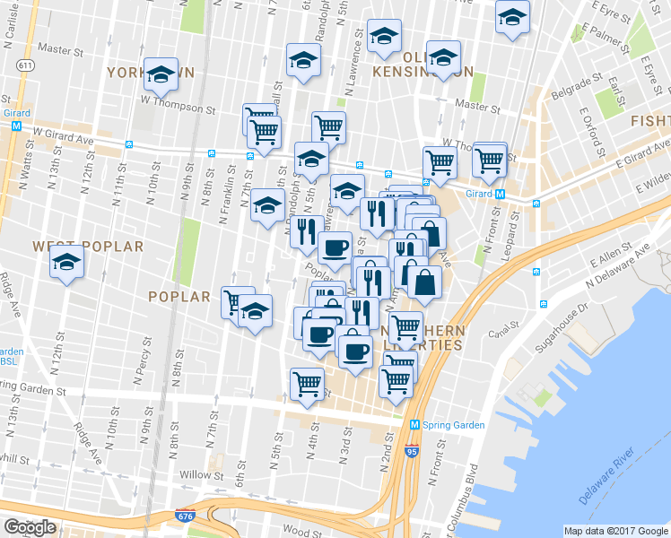 map of restaurants, bars, coffee shops, grocery stores, and more near 918 North 4th Street in Philadelphia