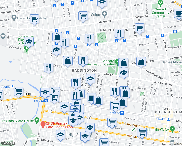 map of restaurants, bars, coffee shops, grocery stores, and more near 5922 Vine Street in Philadelphia