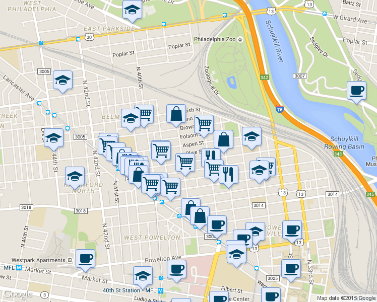 map of restaurants, bars, coffee shops, grocery stores, and more near 3861 Olive Street in Philadelphia