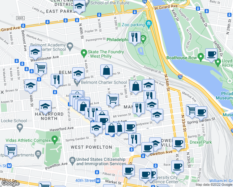 map of restaurants, bars, coffee shops, grocery stores, and more near 3847 Olive Street in Philadelphia
