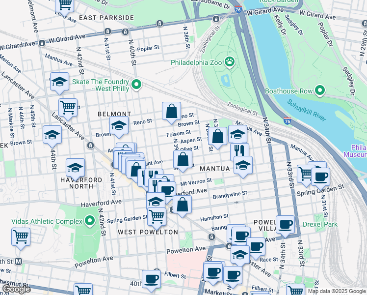 map of restaurants, bars, coffee shops, grocery stores, and more near 3861 Olive Street in Philadelphia