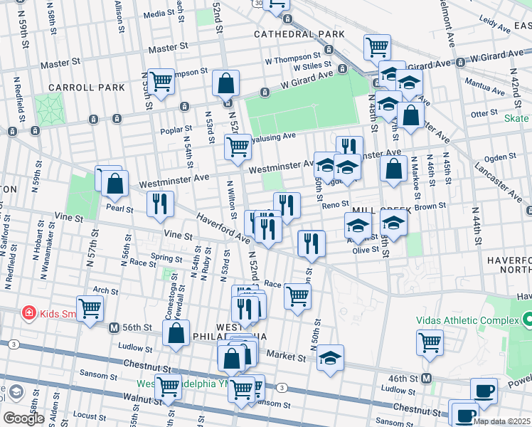 map of restaurants, bars, coffee shops, grocery stores, and more near 5146 Reno Street in Philadelphia