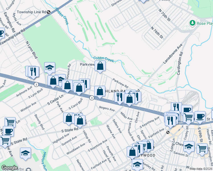 map of restaurants, bars, coffee shops, grocery stores, and more near 103 Oakley Road in Delaware County
