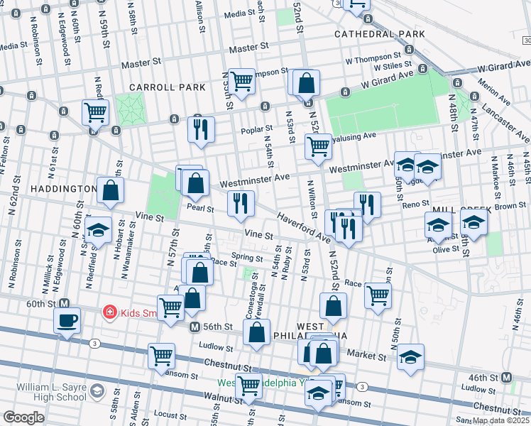 map of restaurants, bars, coffee shops, grocery stores, and more near 5420 Haverford Avenue in Philadelphia