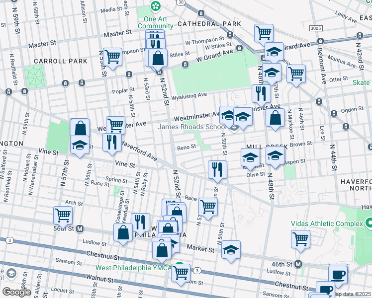 map of restaurants, bars, coffee shops, grocery stores, and more near 5146 Reno Street in Philadelphia