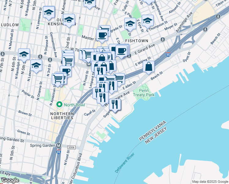 map of restaurants, bars, coffee shops, grocery stores, and more near 165 East Allen Street in Philadelphia
