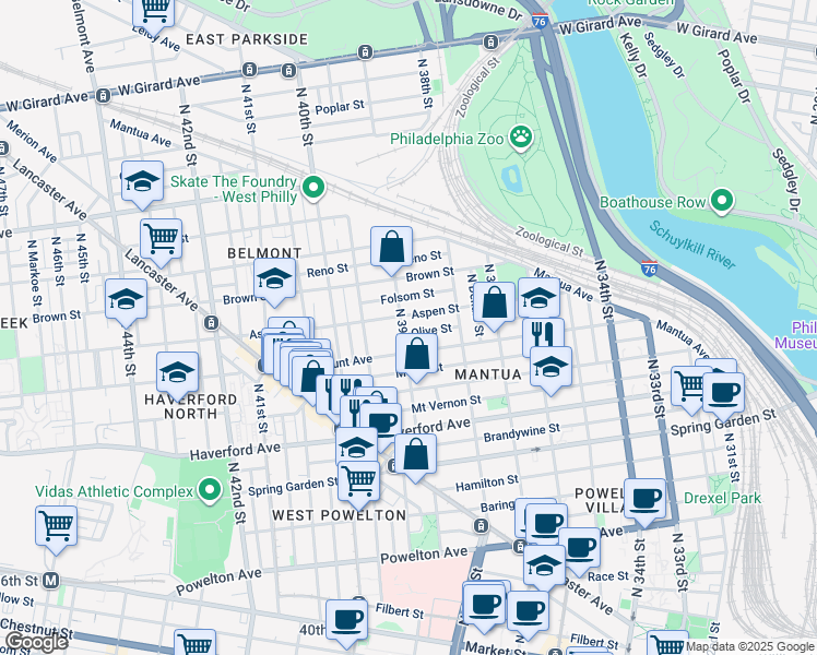 map of restaurants, bars, coffee shops, grocery stores, and more near 725 North 39th Street in Philadelphia