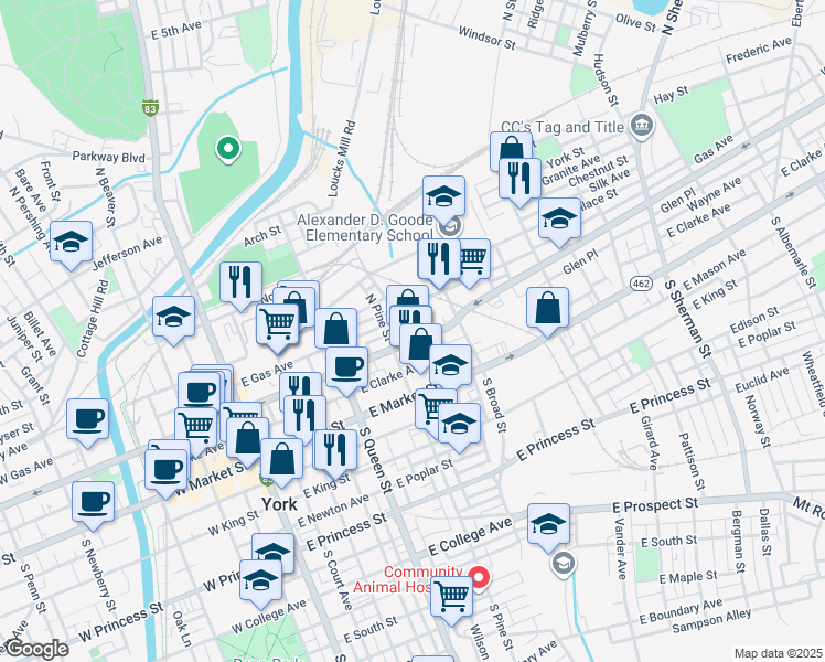 map of restaurants, bars, coffee shops, grocery stores, and more near 325 East Philadelphia Street in York