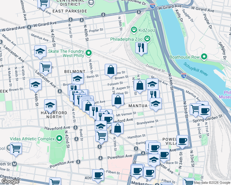 map of restaurants, bars, coffee shops, grocery stores, and more near 3860 Olive Street in Philadelphia
