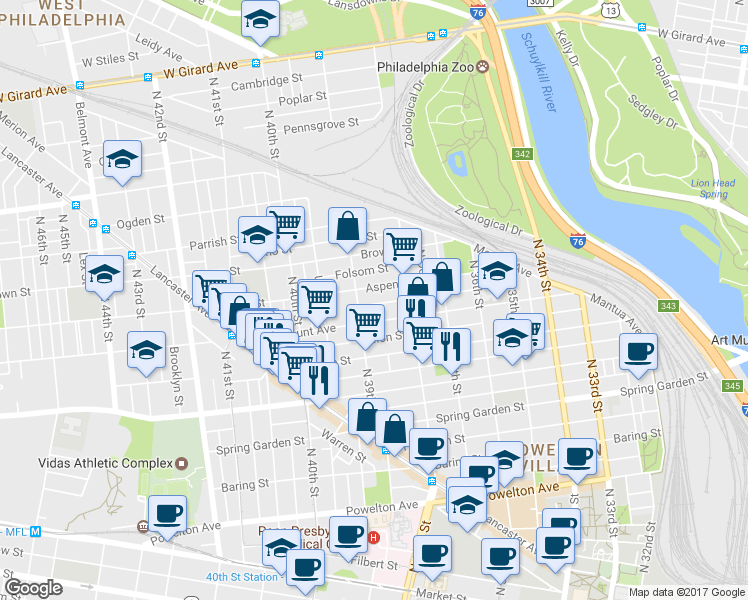 map of restaurants, bars, coffee shops, grocery stores, and more near 3857 Olive Street in Philadelphia