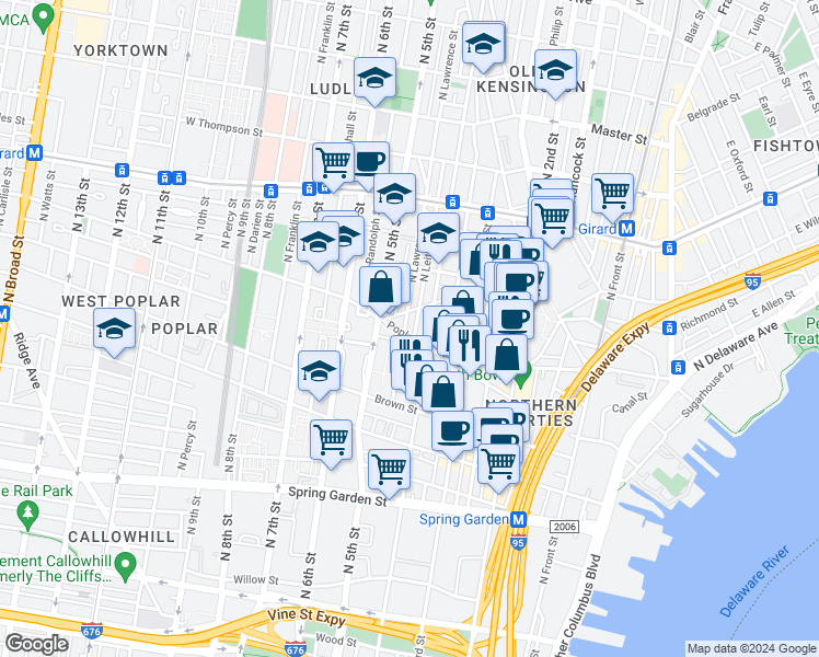 map of restaurants, bars, coffee shops, grocery stores, and more near 905 North Lawrence Street in Philadelphia
