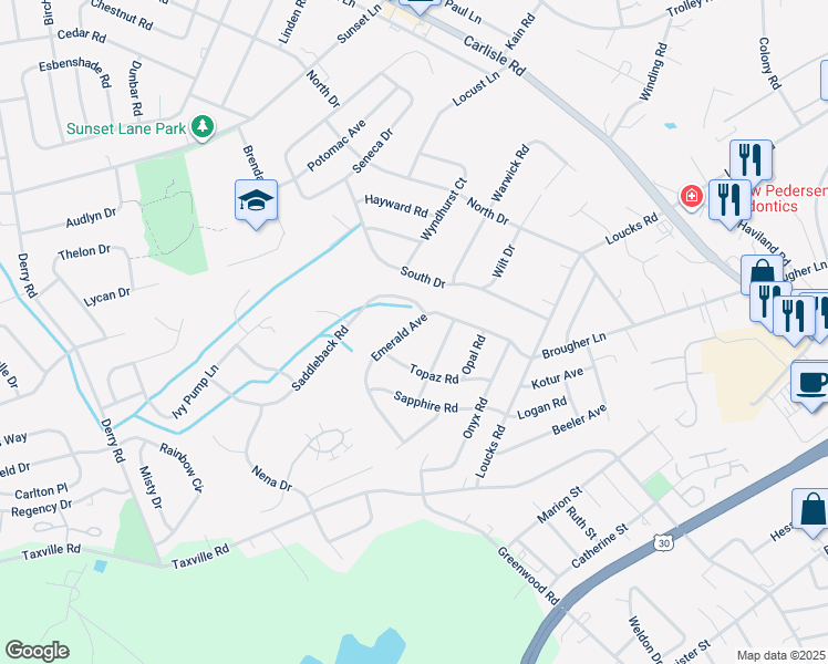 map of restaurants, bars, coffee shops, grocery stores, and more near 2420 Emerald Avenue in York