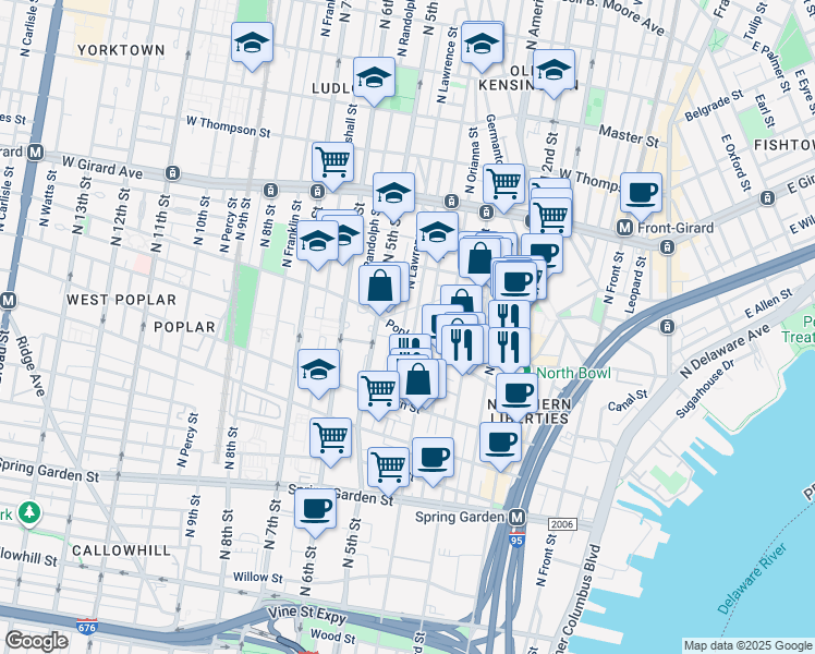 map of restaurants, bars, coffee shops, grocery stores, and more near 905 North Lawrence Street in Philadelphia