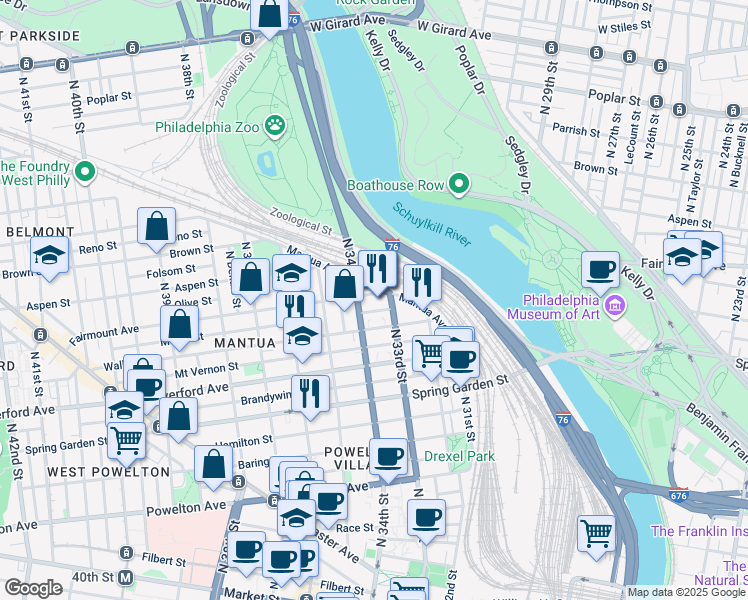map of restaurants, bars, coffee shops, grocery stores, and more near 3312 Fairmount Avenue in Philadelphia