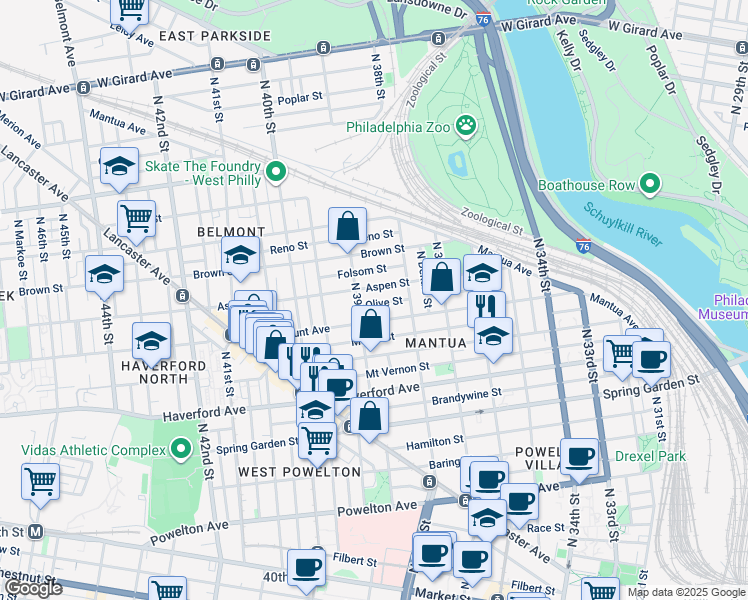 map of restaurants, bars, coffee shops, grocery stores, and more near 3857 Olive Street in Philadelphia