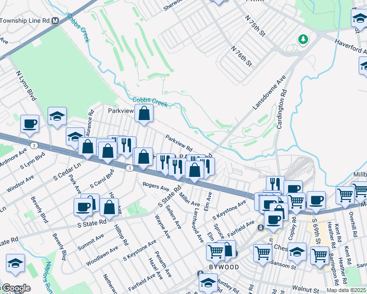 map of restaurants, bars, coffee shops, grocery stores, and more near 123 Harvin Road in Upper Darby