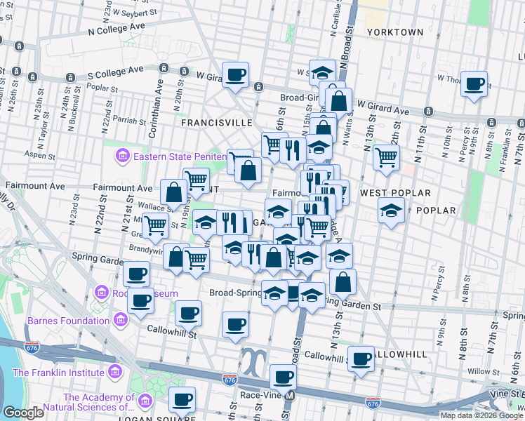 map of restaurants, bars, coffee shops, grocery stores, and more near 1530 North Street in Philadelphia