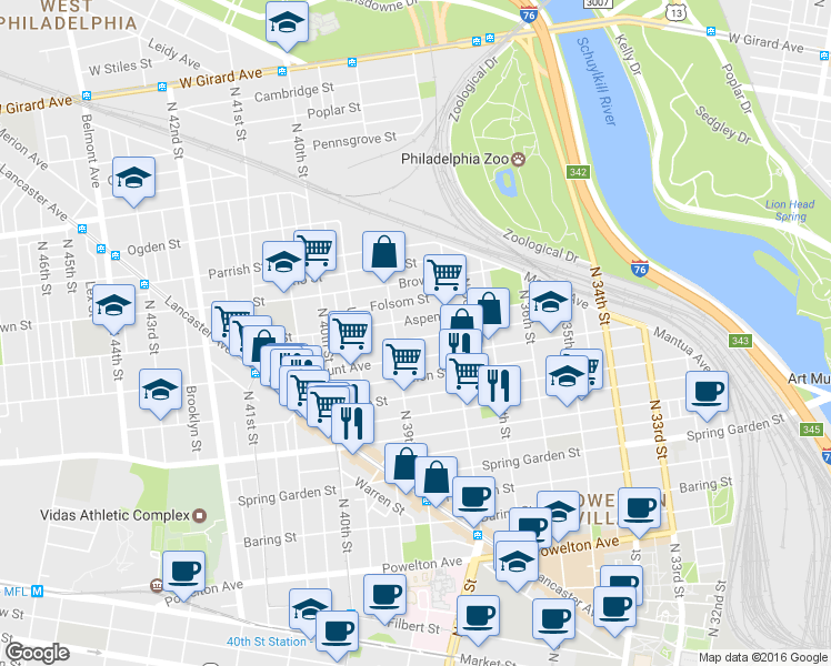 map of restaurants, bars, coffee shops, grocery stores, and more near 3855 Olive Street in Philadelphia