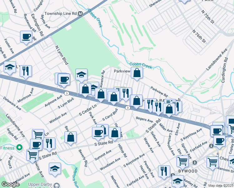 map of restaurants, bars, coffee shops, grocery stores, and more near 8008 Lennox Road in Upper Darby