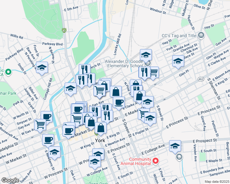 map of restaurants, bars, coffee shops, grocery stores, and more near 147 North Queen Street in York