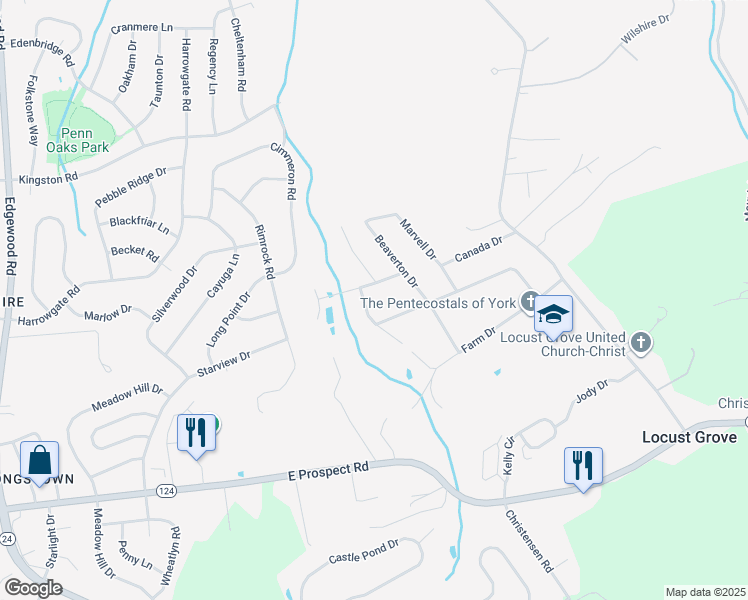 map of restaurants, bars, coffee shops, grocery stores, and more near 3880 Pond Drive in York